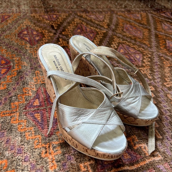 SILVER LEATHER AND CORK STRAPPY WEDGES - Picture 2 of 4